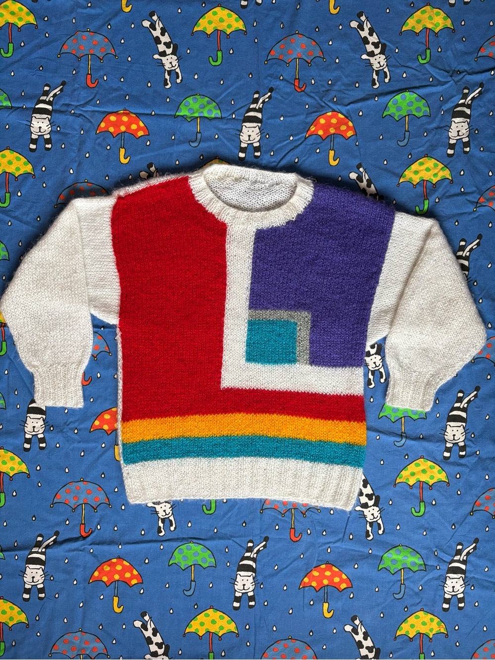 Vintage Colorblock Knit Sweater with Red, Purple, Yellow and Blue Design